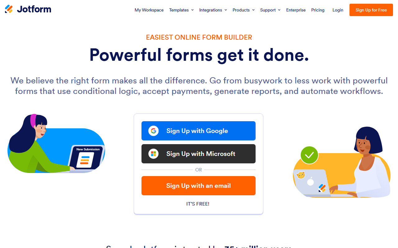 Jotform homepage with form builder and template gallery