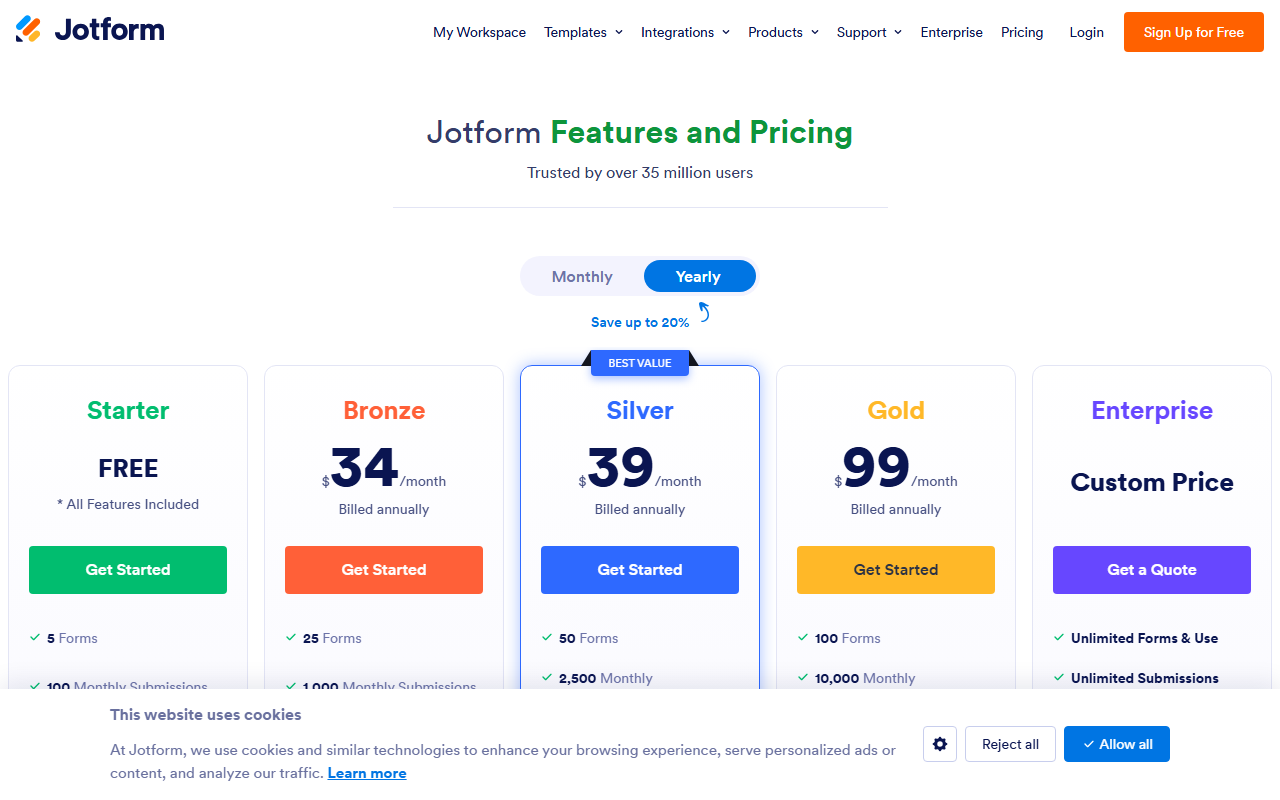 Jotform pricing tiers