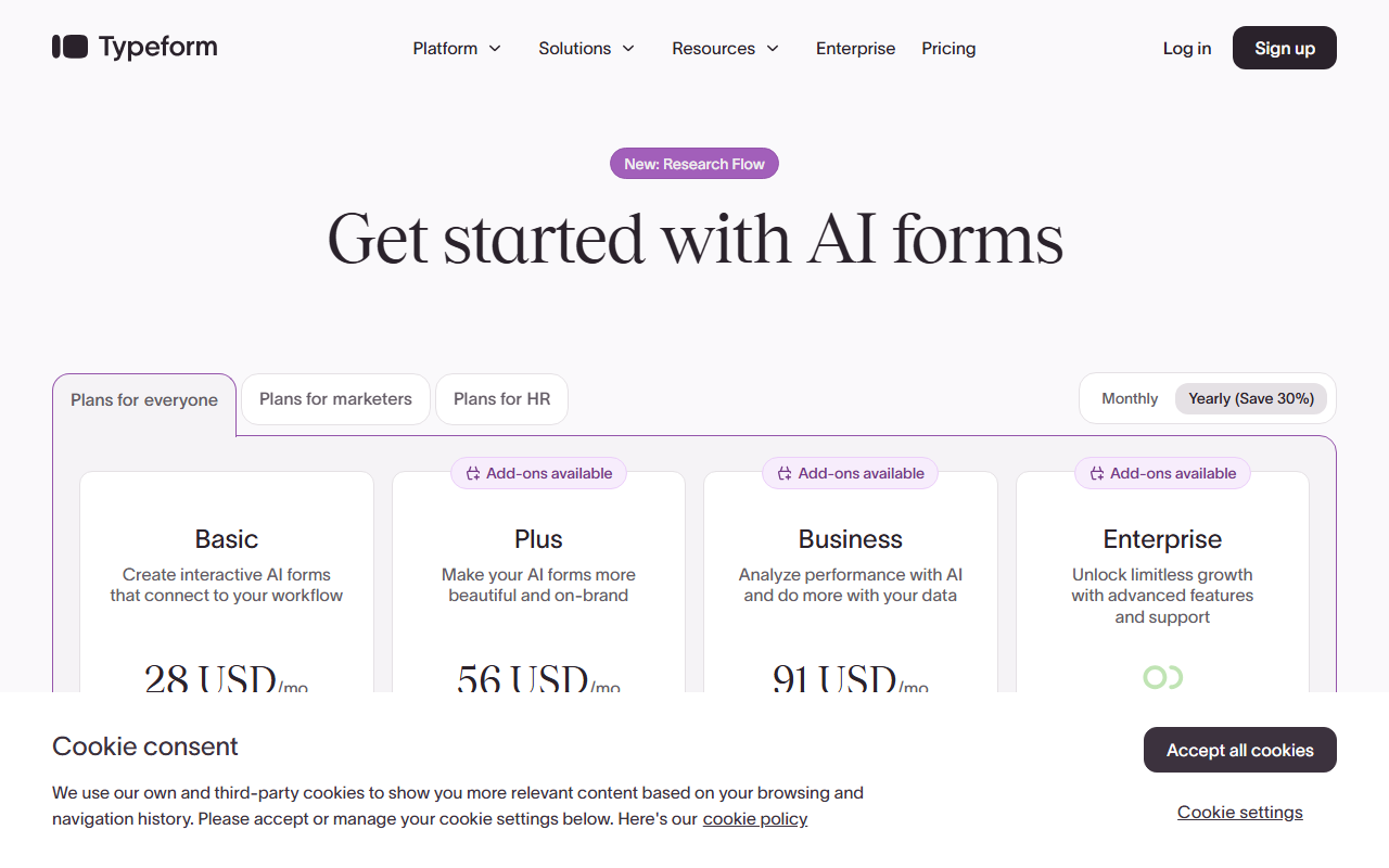 Typeform pricing plans