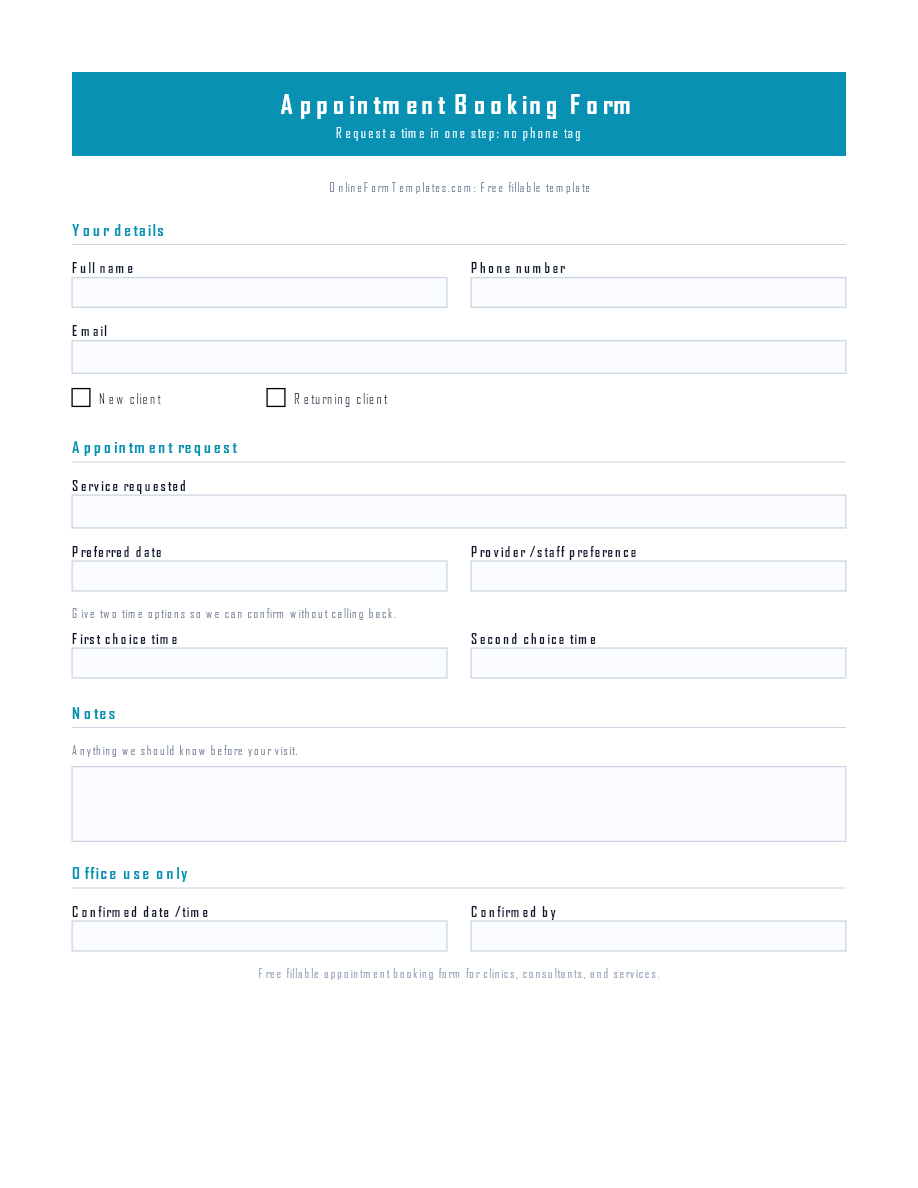 Preview of Appointment Booking Form Template (PDF/DOCX)