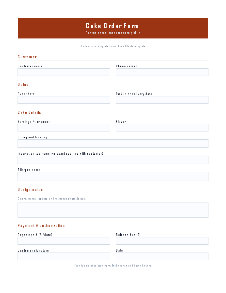 Preview of Cake Order Form Template (PDF/DOCX)
