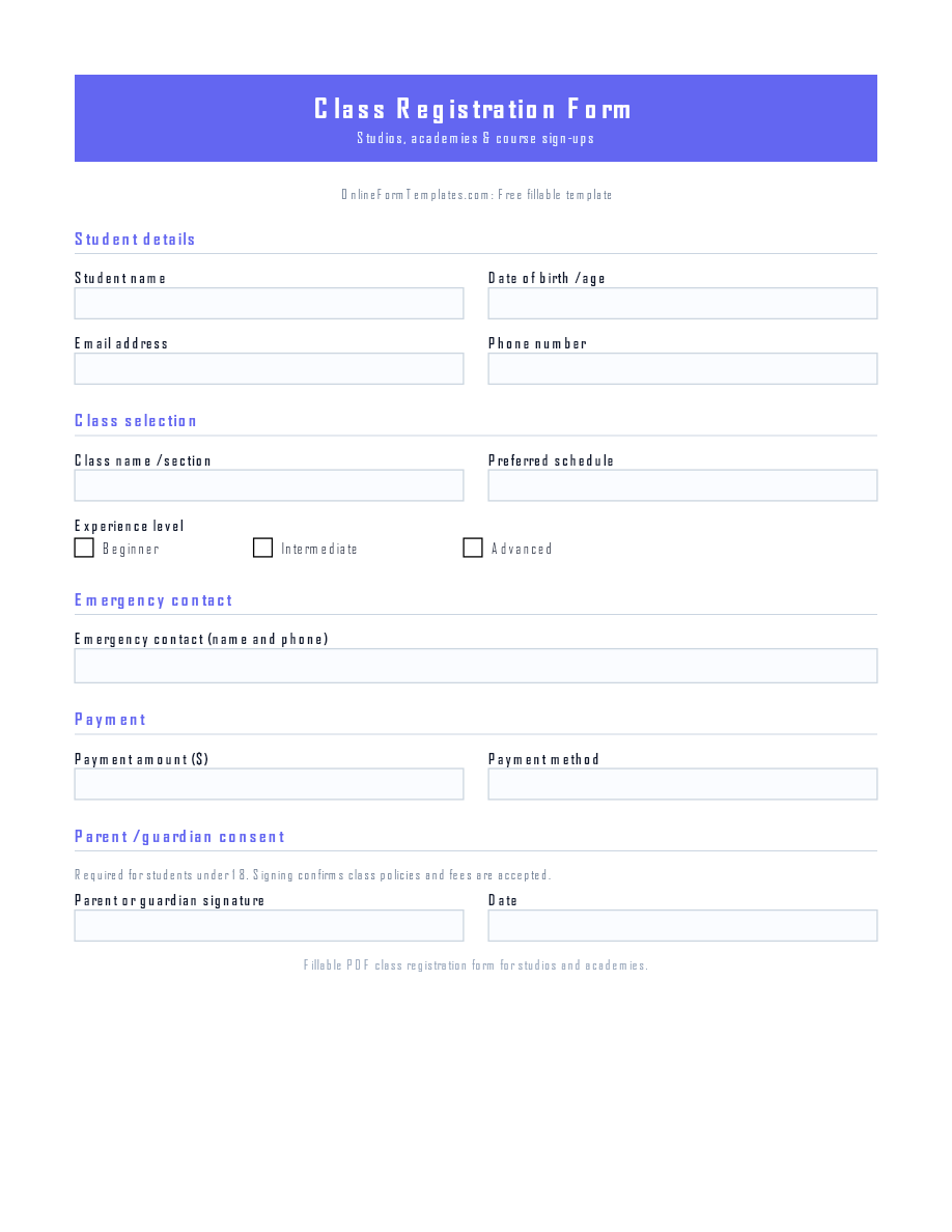 Preview of Class Registration Form Template (PDF/DOCX)