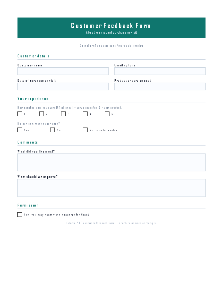 Preview of Customer Feedback Form Template (PDF/DOCX)