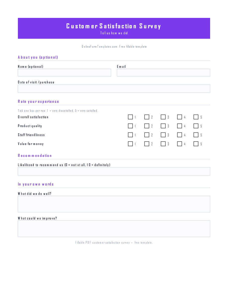 Preview of Customer Satisfaction Survey Template (PDF/DOCX)