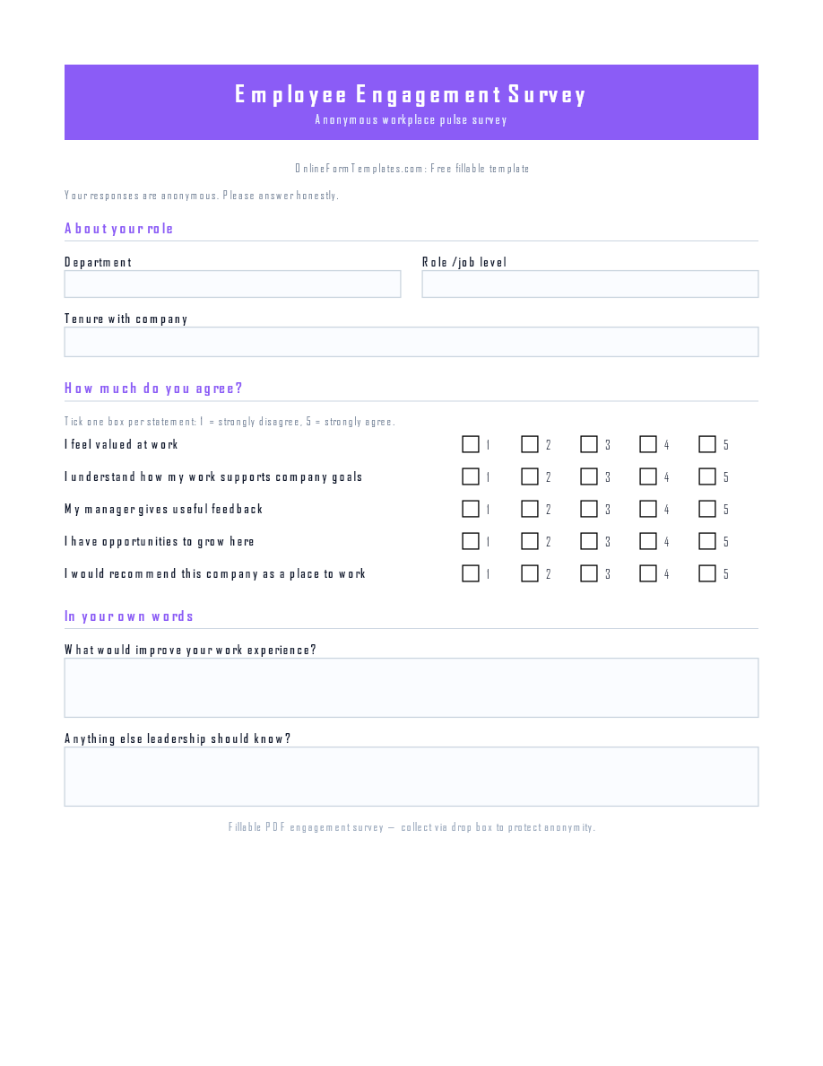 Preview of Employee Engagement Survey Template (PDF/DOCX)