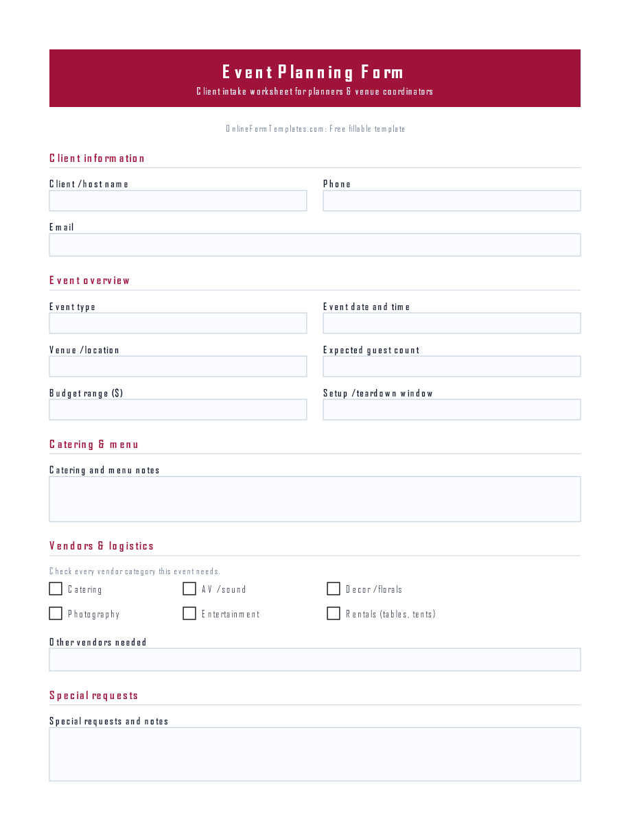 Preview of Event Planning Form Template (PDF/DOCX)