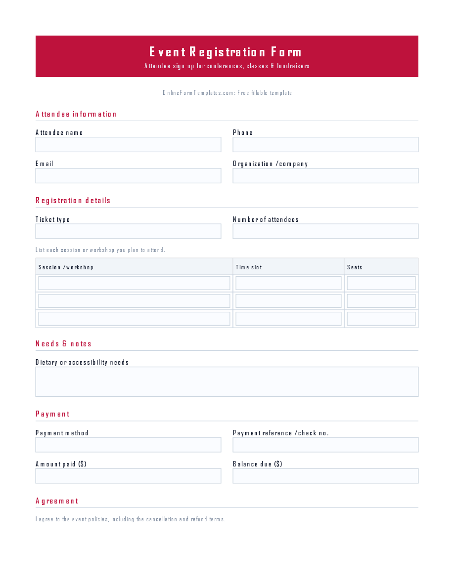 Preview of Event Registration Form Template (PDF/DOCX)