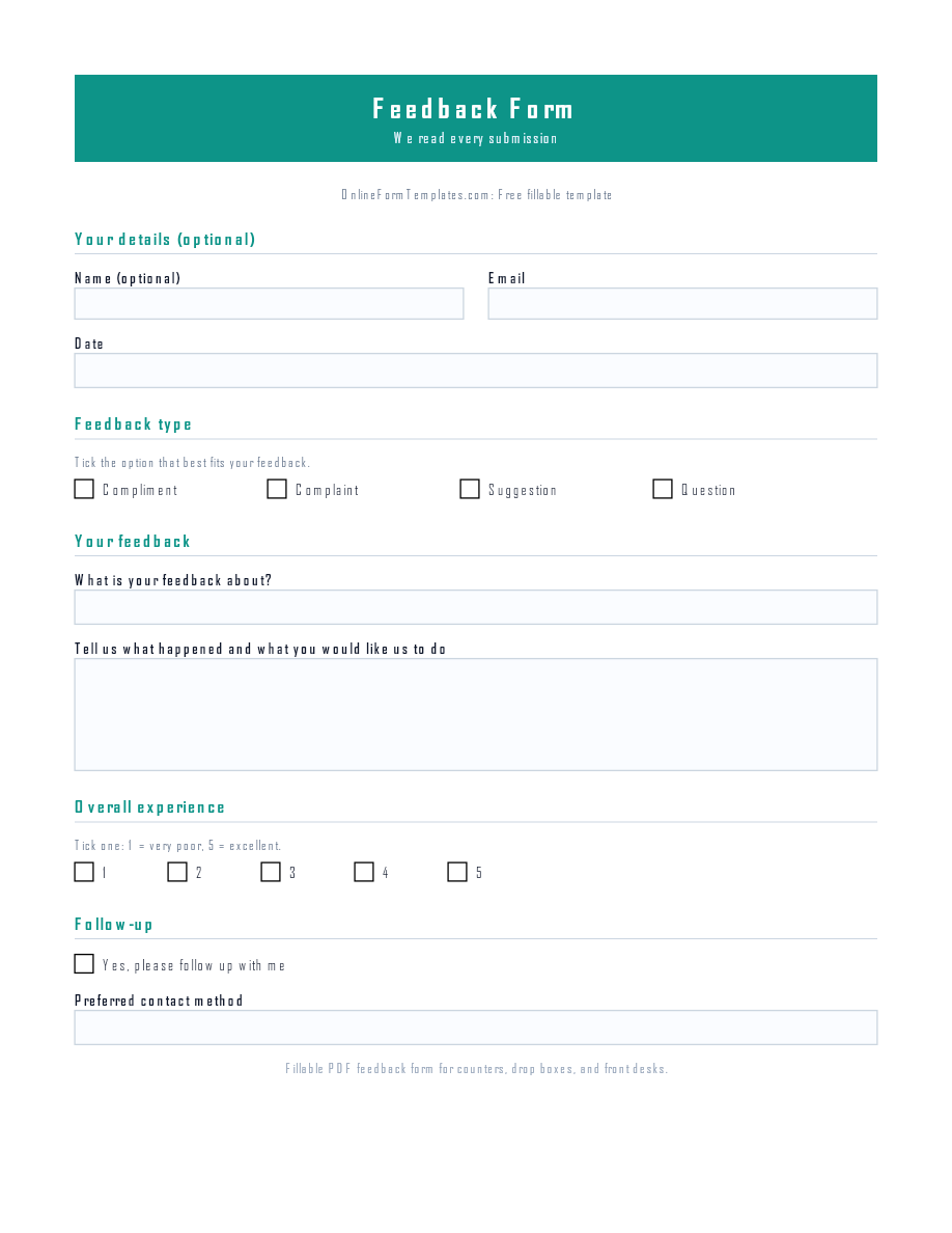 Preview of Feedback Form Template (PDF/DOCX)