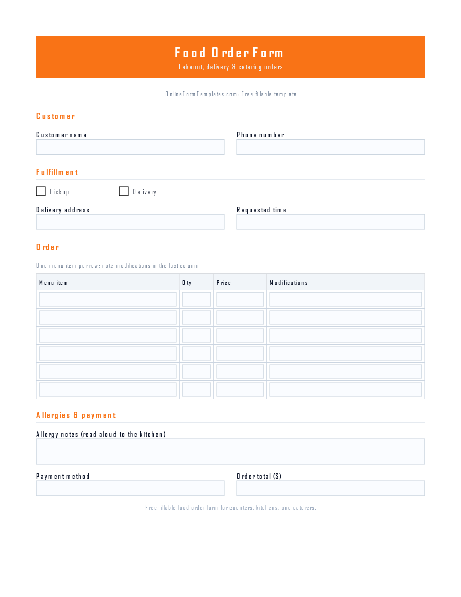 Preview of Food Order Form Template (PDF/DOCX)