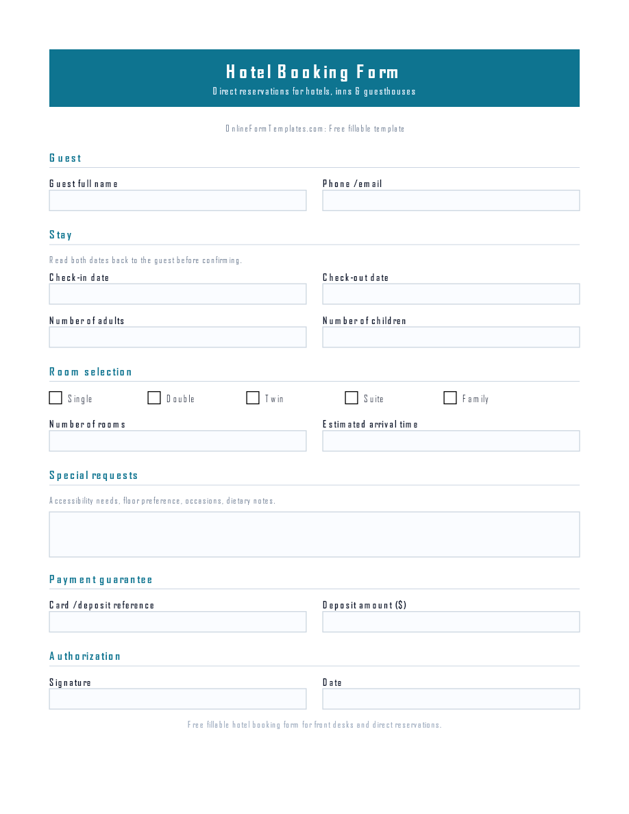 Preview of Hotel Booking Form Template (PDF/DOCX)