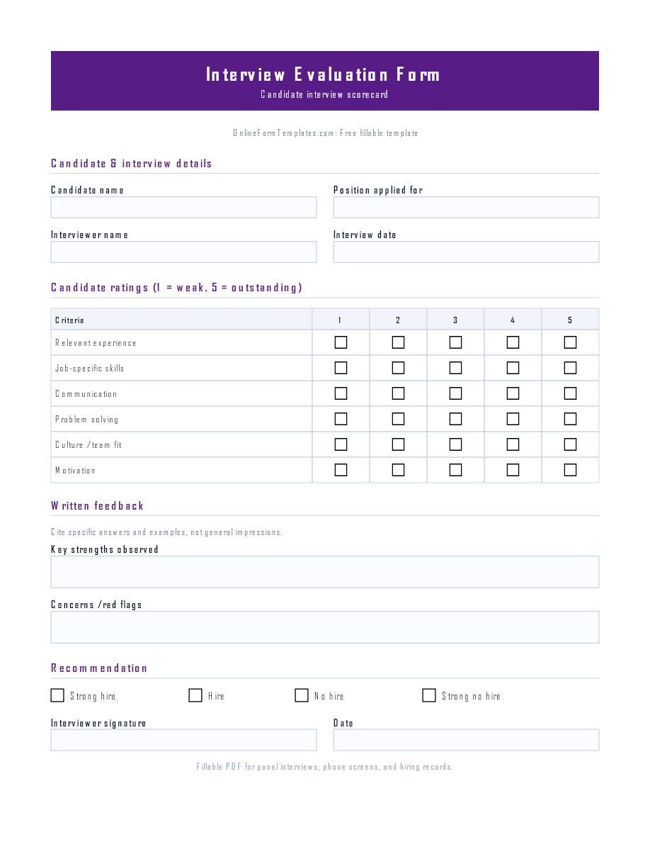 Preview of Interview Evaluation Form Template (PDF/DOCX)