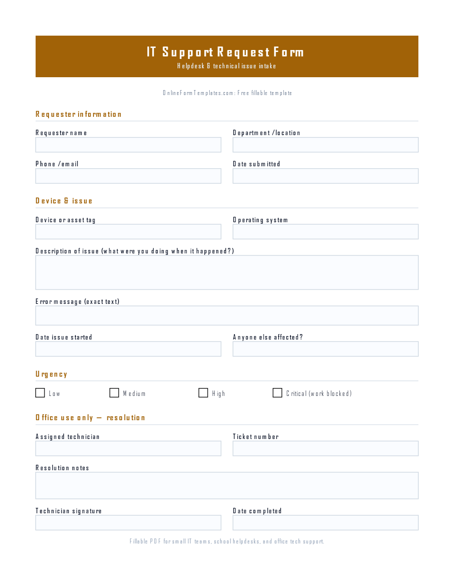 Preview of IT Support Request Form Template (PDF/DOCX)