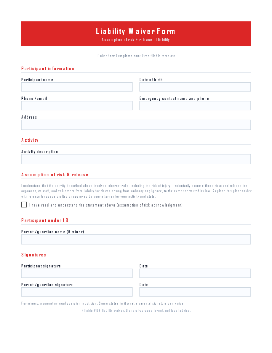 Preview of Liability Waiver Form Template (PDF/DOCX)