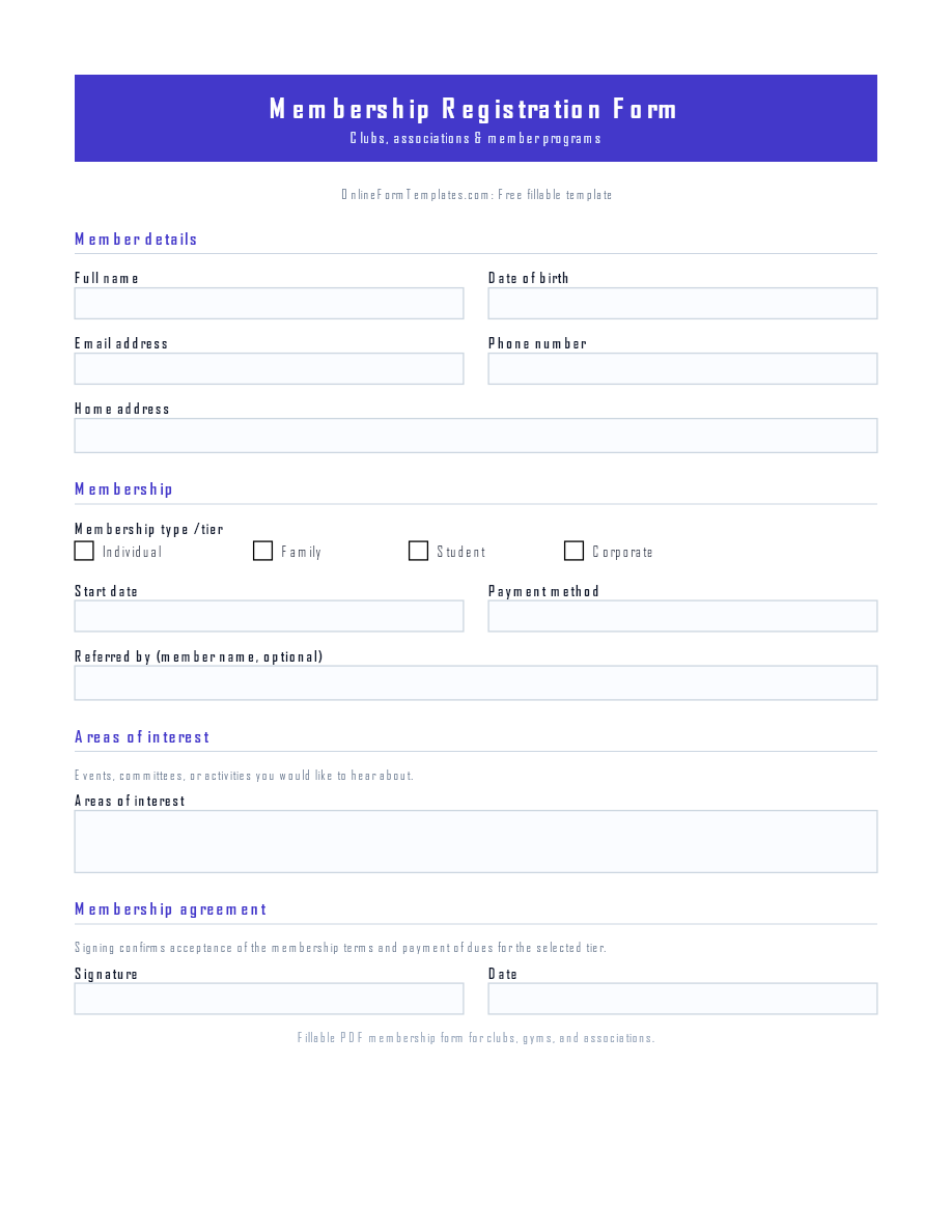Preview of Membership Registration Form Template (PDF/DOCX)