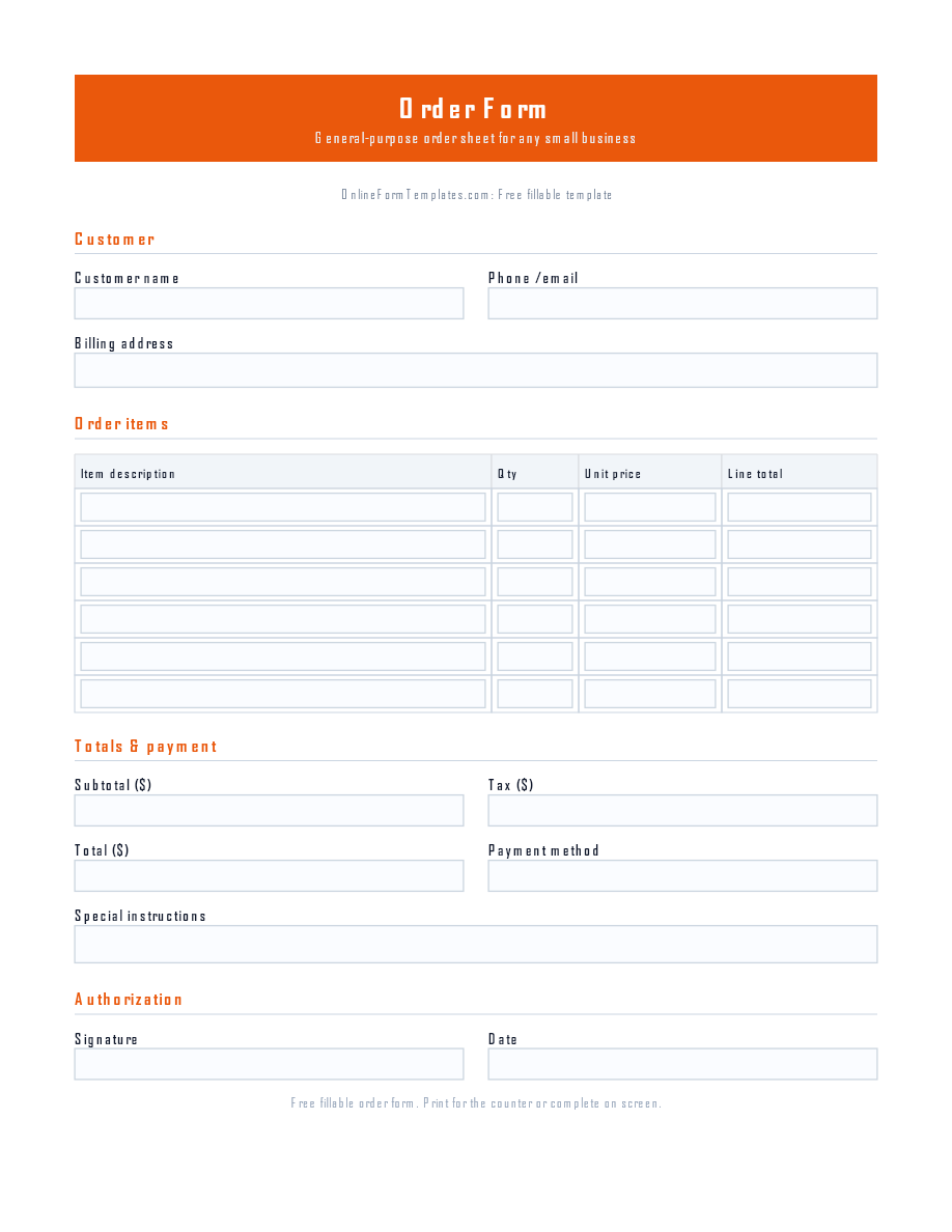Preview of Order Form Template (PDF/DOCX)
