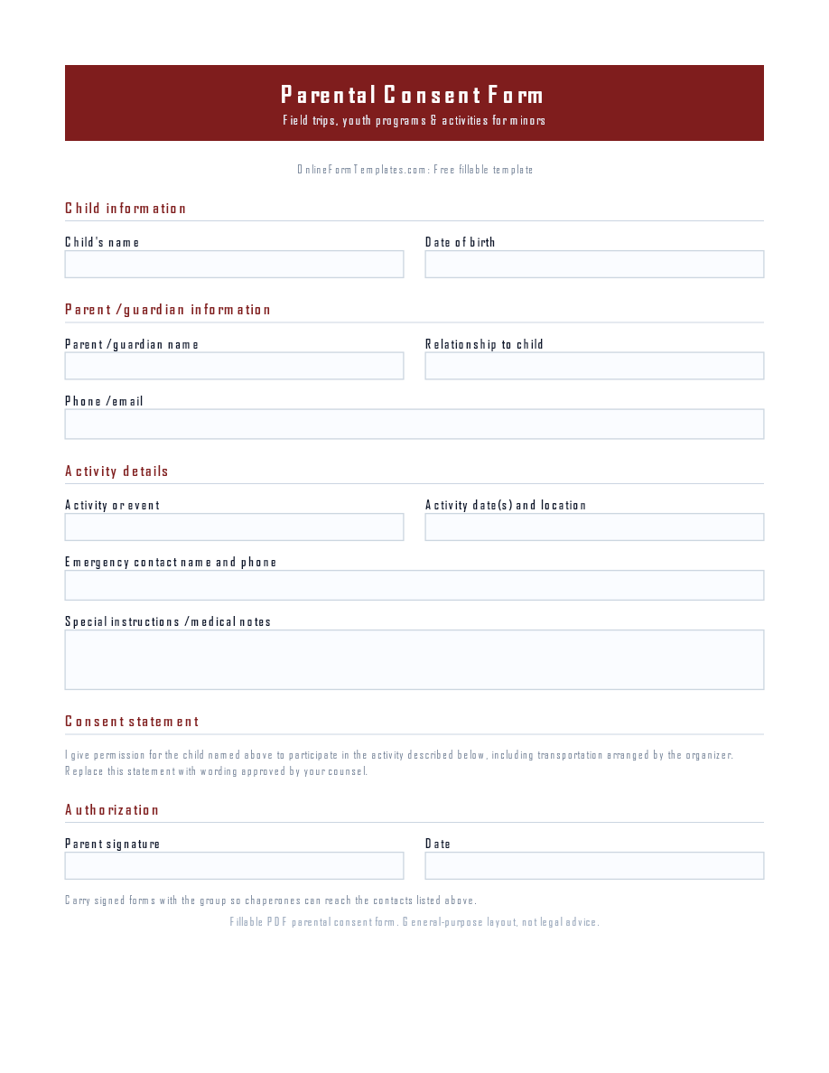 Preview of Parental Consent Form Template (PDF/DOCX)
