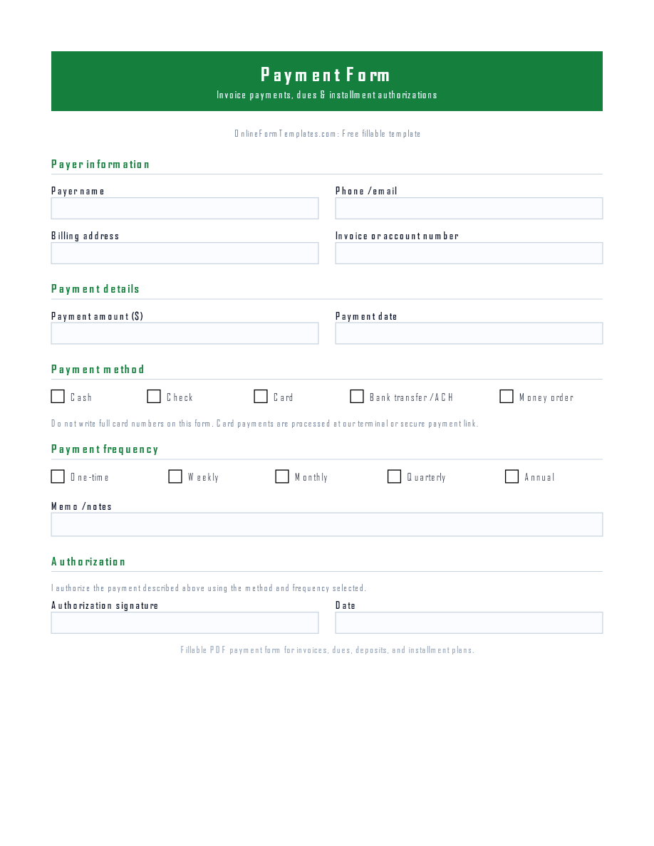 Preview of Payment Form Template (PDF/DOCX)