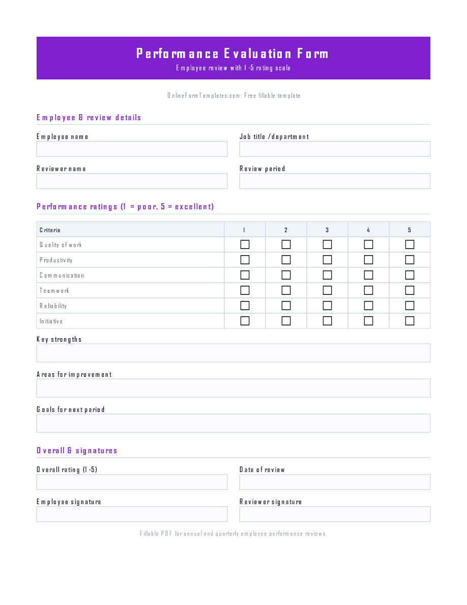 Preview of Performance Evaluation Form Template (PDF/DOCX)