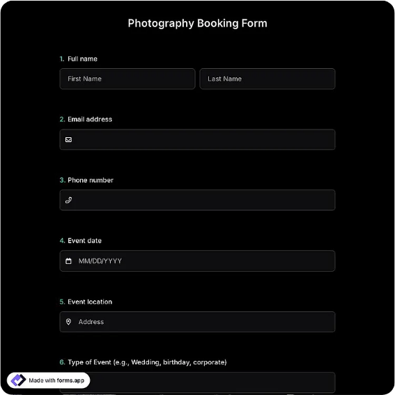 Photography Booking Form Template: forms.app