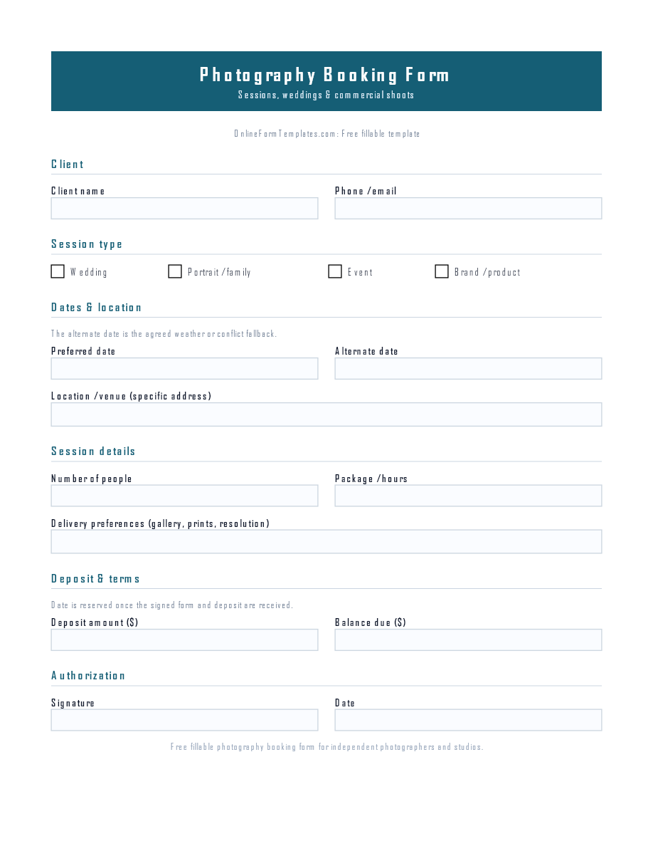Preview of Photography Booking Form Template (PDF/DOCX)