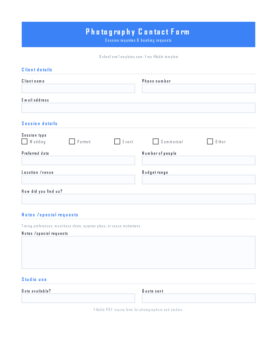 Preview of Photography Contact Form Template (PDF/DOCX)
