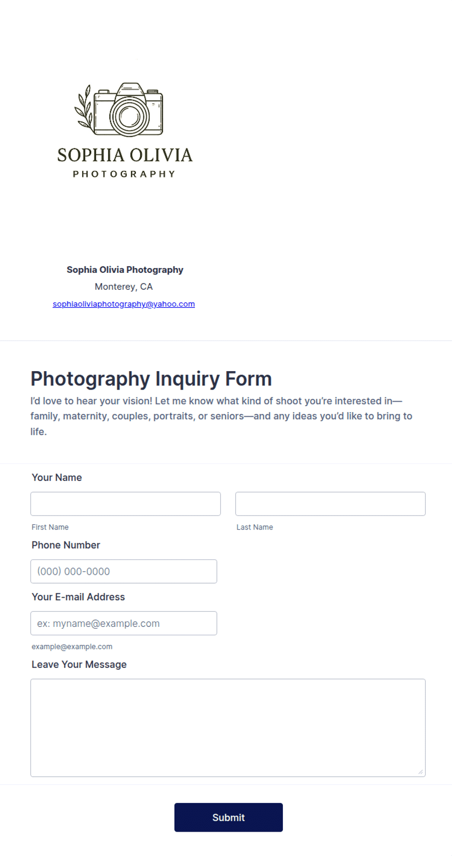 Preview of Photography Contact Form Template