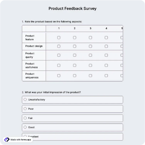 Product Feedback Survey Template: forms.app