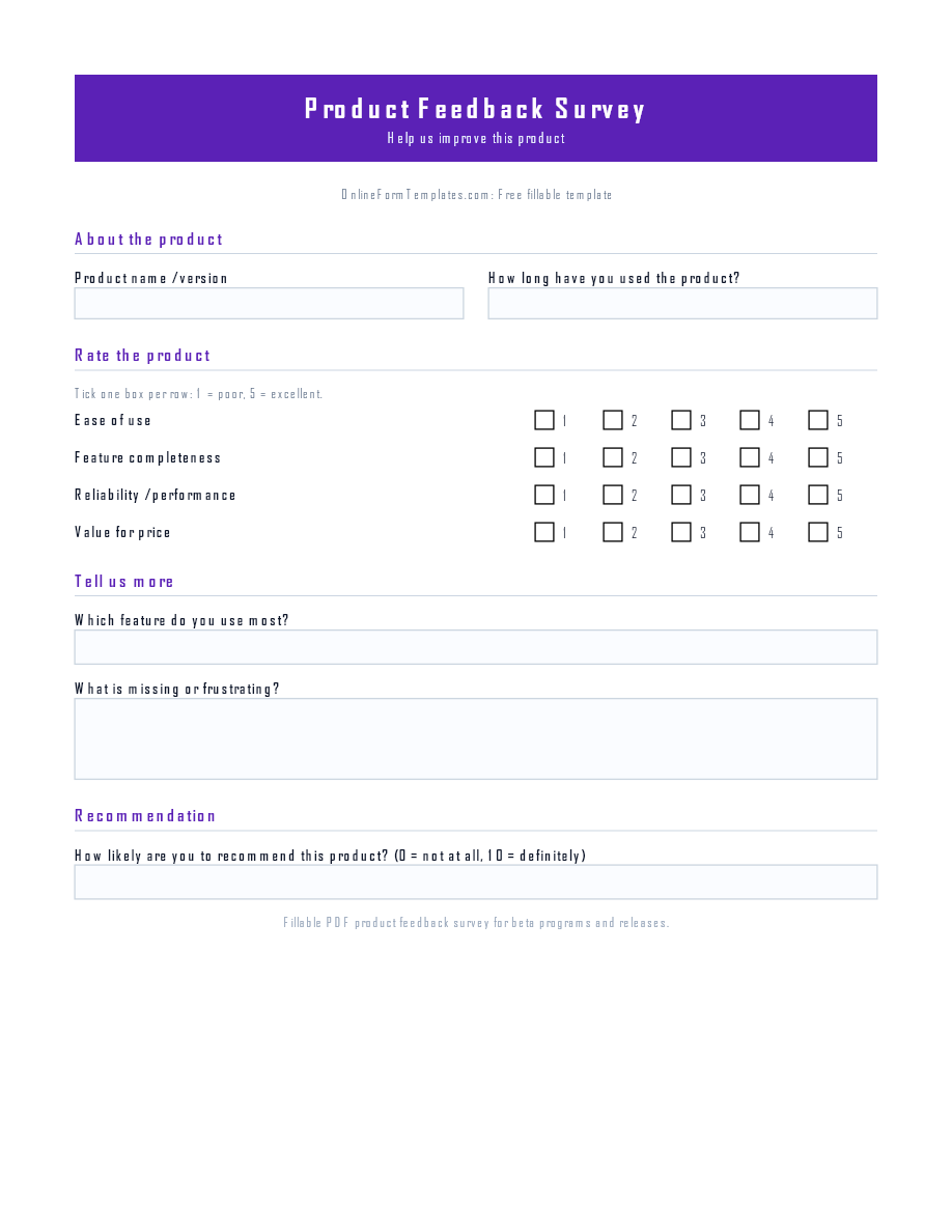 Preview of Product Feedback Survey Template (PDF/DOCX)