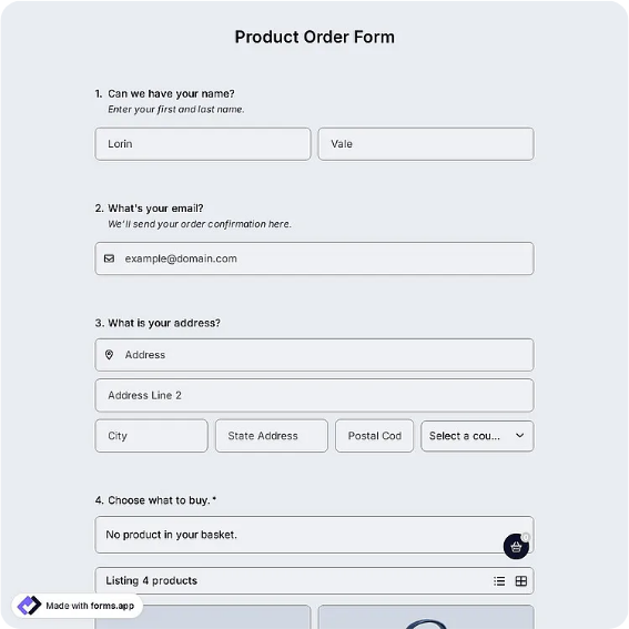 Product Order Form Template: forms.app