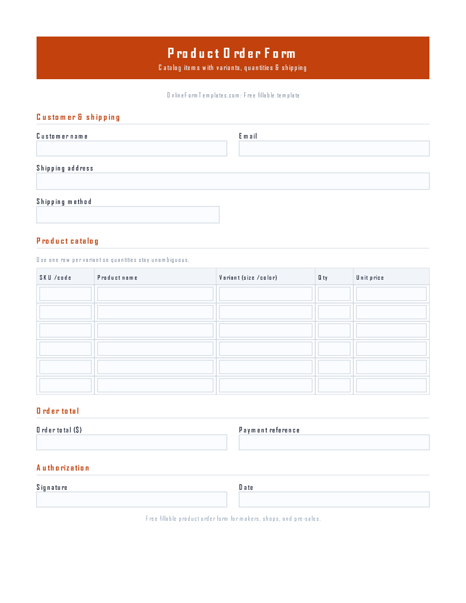 Preview of Product Order Form Template (PDF/DOCX)