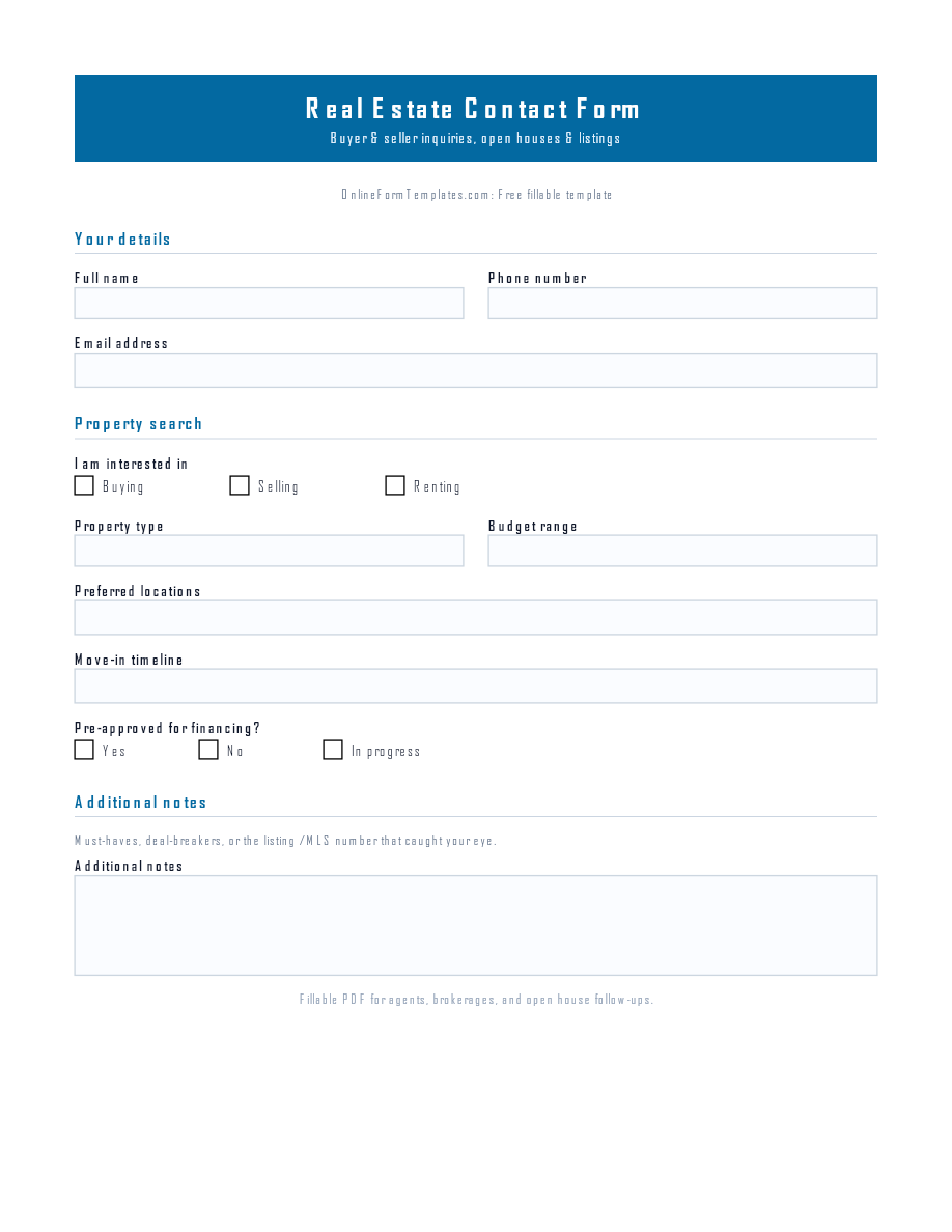 Preview of Real Estate Contact Form Template (PDF/DOCX)