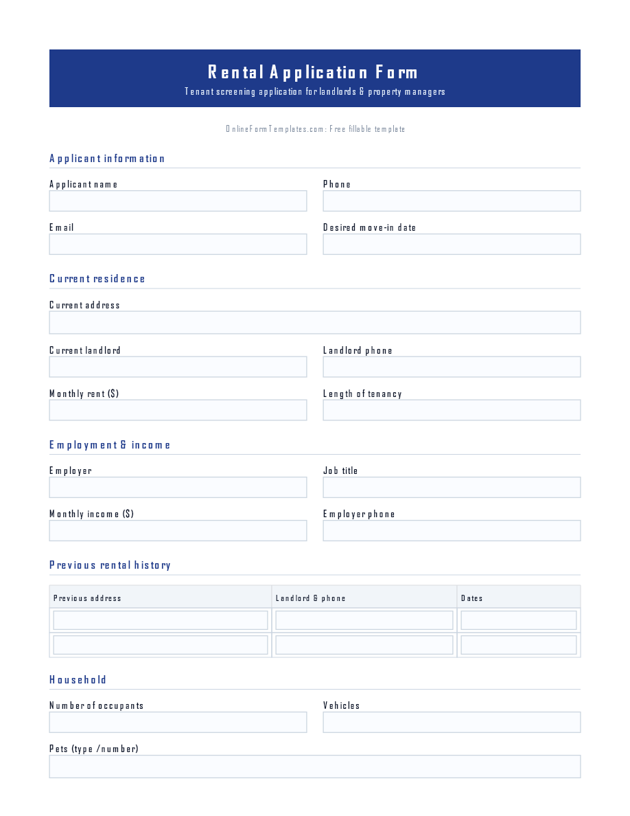 Preview of Rental Application Form Template (PDF/DOCX)