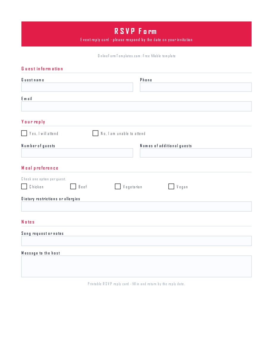 Preview of RSVP Form Template (PDF/DOCX)