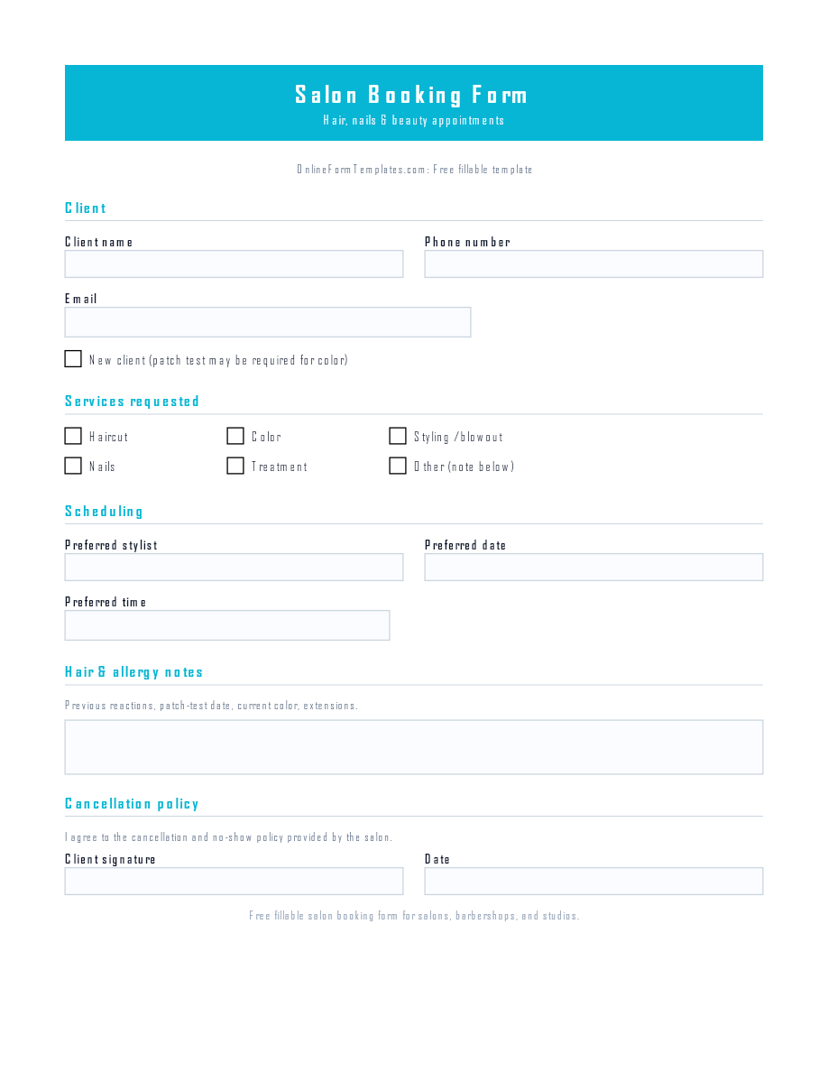 Preview of Salon Booking Form Template (PDF/DOCX)