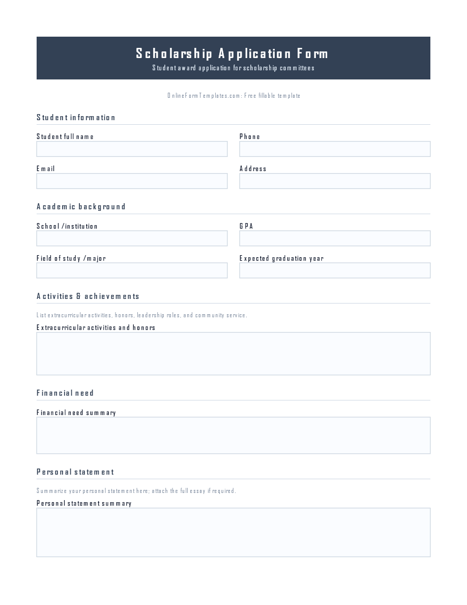 Preview of Scholarship Application Form Template (PDF/DOCX)