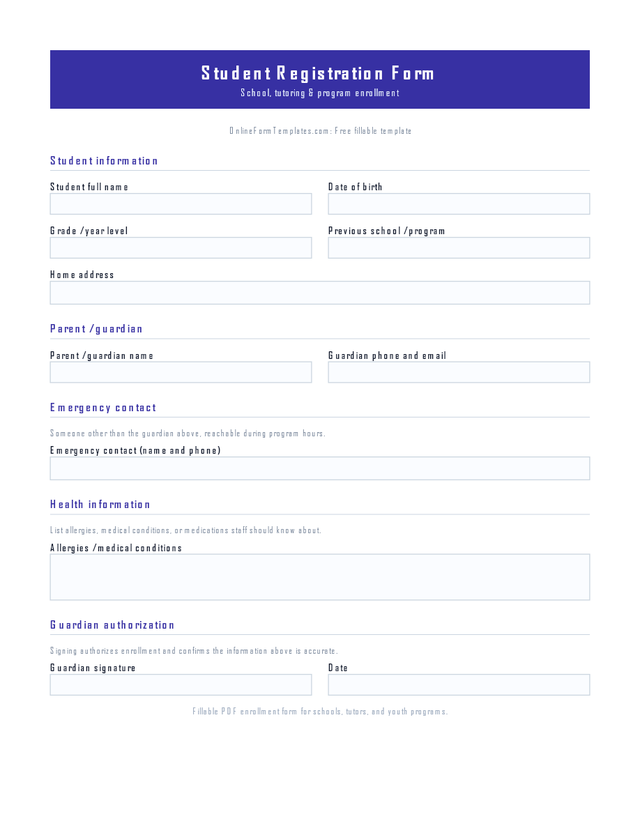 Preview of Student Registration Form Template (PDF/DOCX)
