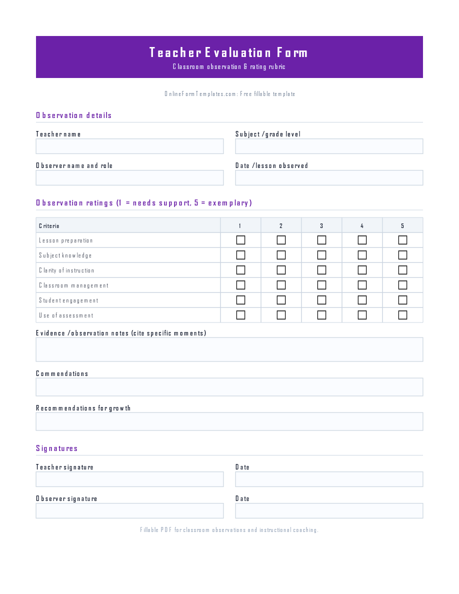 Preview of Teacher Evaluation Form Template (PDF/DOCX)