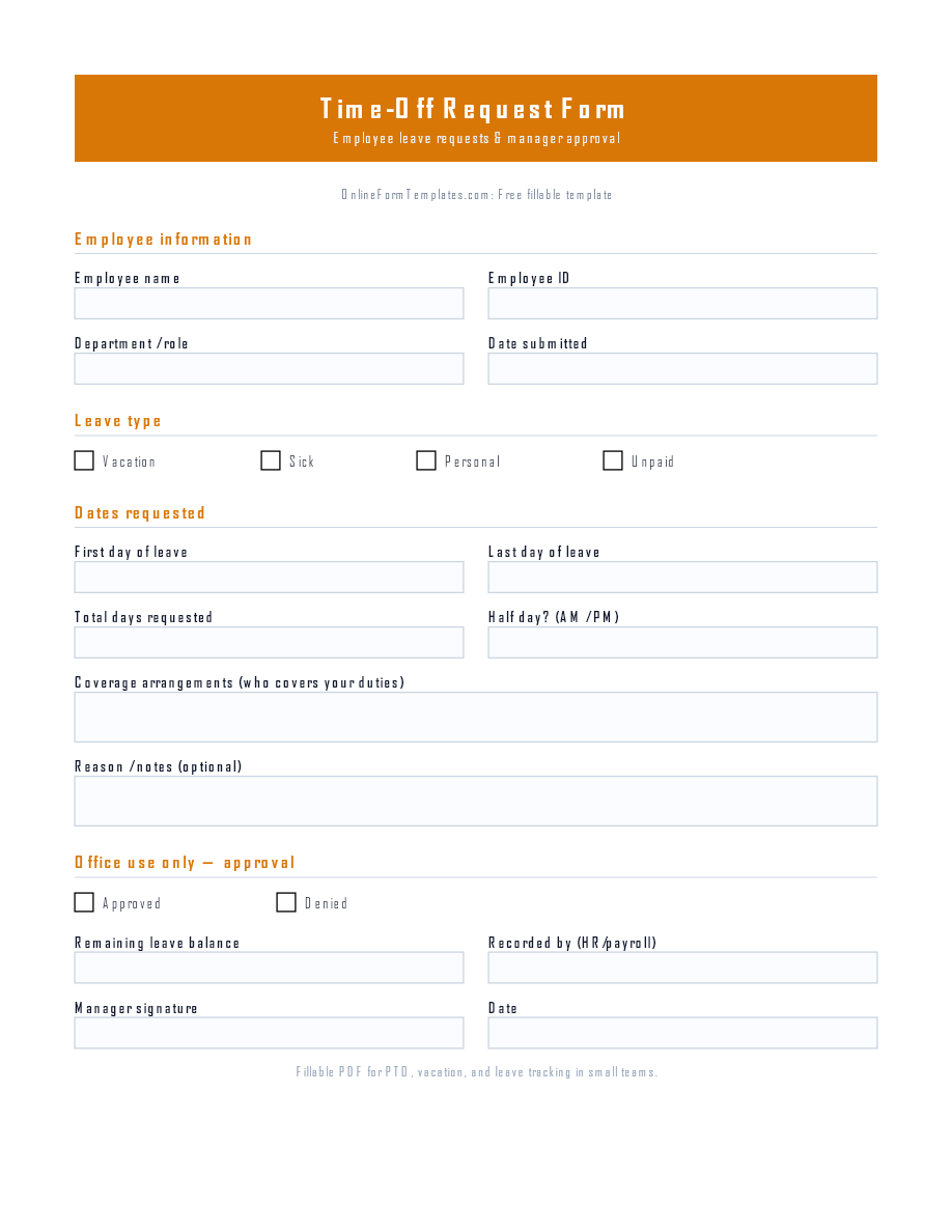 Preview of Time-Off Request Form Template (PDF/DOCX)