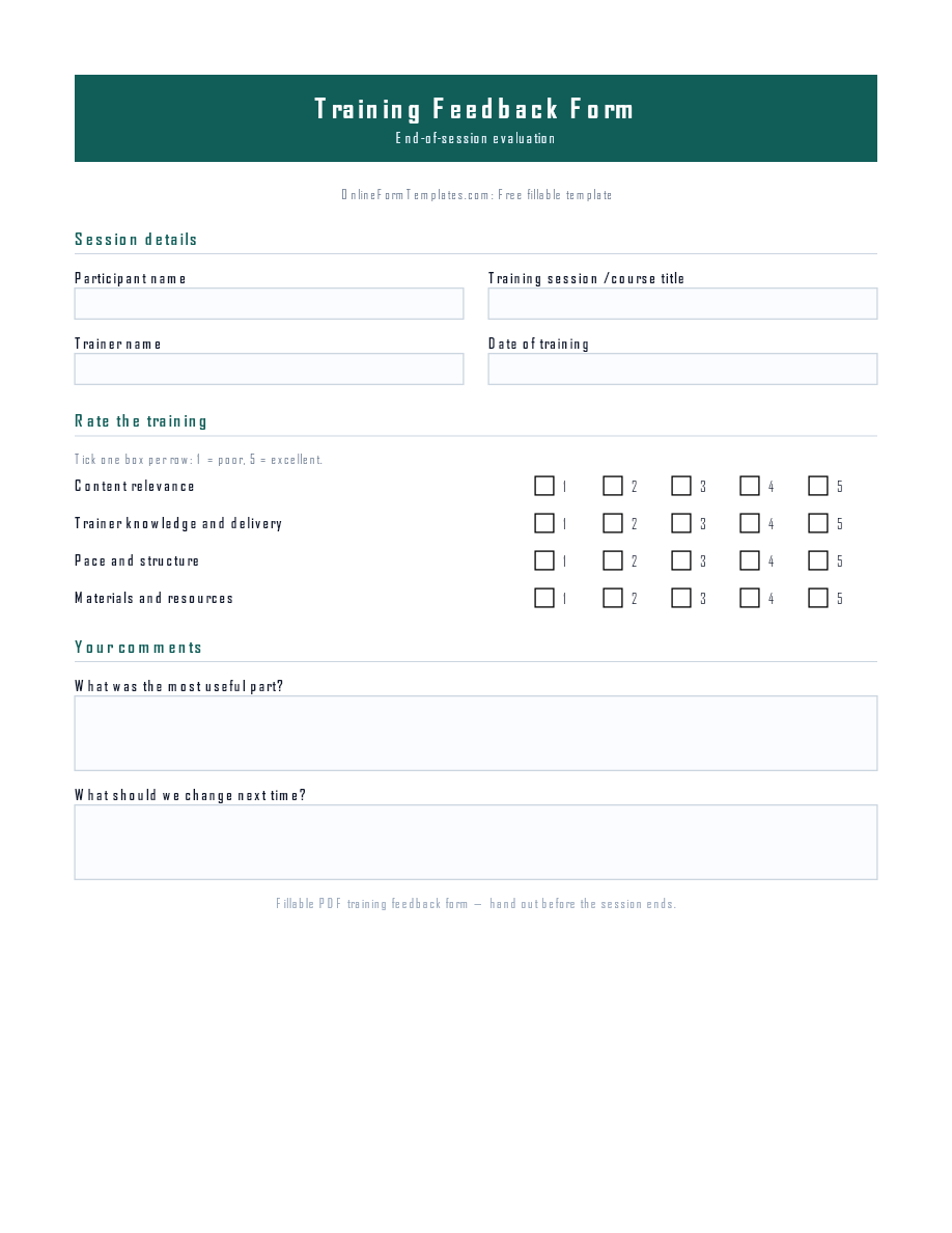 Preview of Training Feedback Form Template (PDF/DOCX)