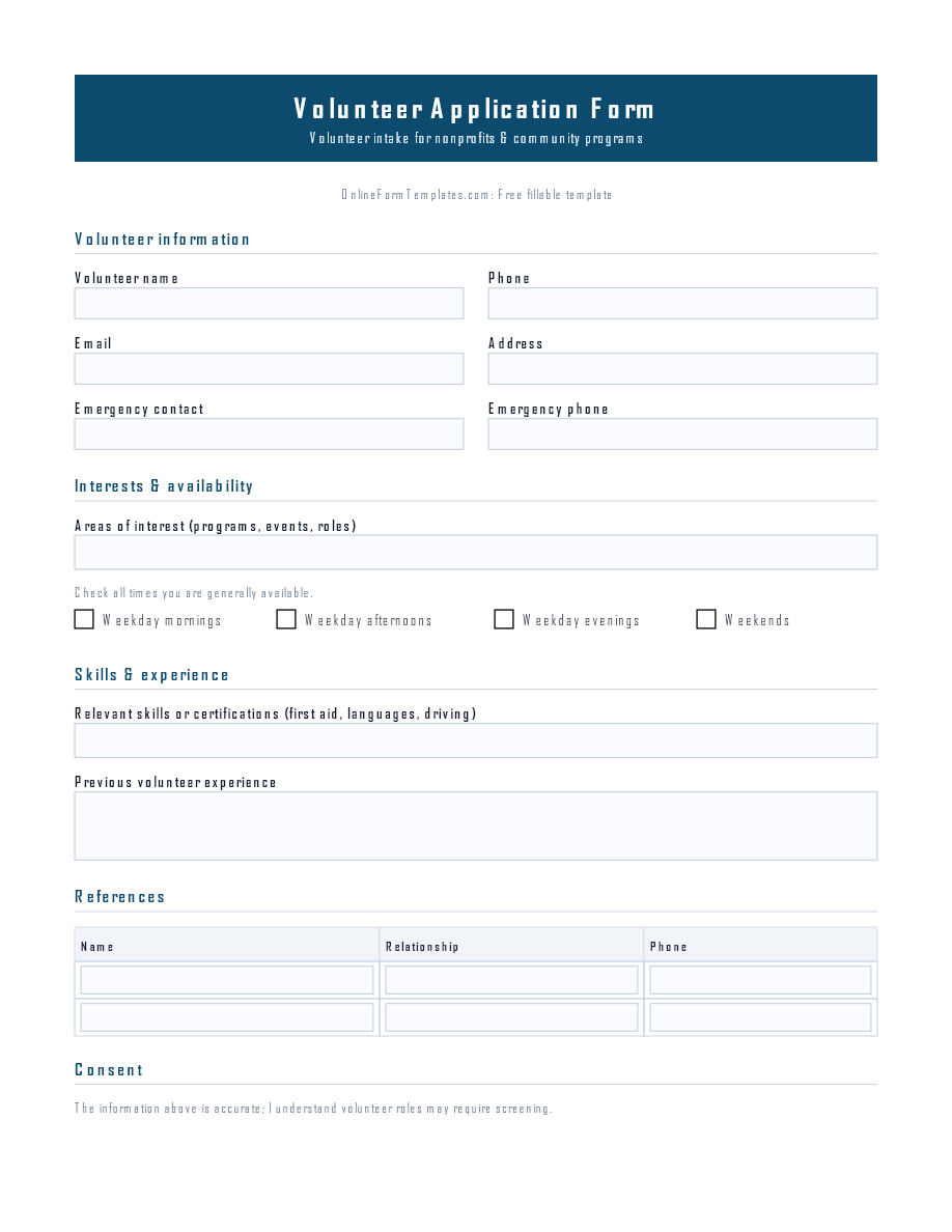 Preview of Volunteer Application Form Template (PDF/DOCX)
