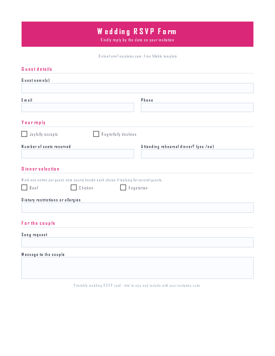 Preview of Wedding RSVP Form Template (PDF/DOCX)